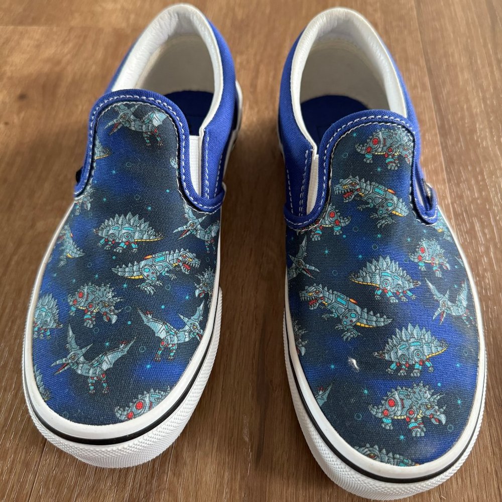 Vans Kids Boys Classic Slip On Robotic Dino Blue White Low Sneaker Shoes 2.5